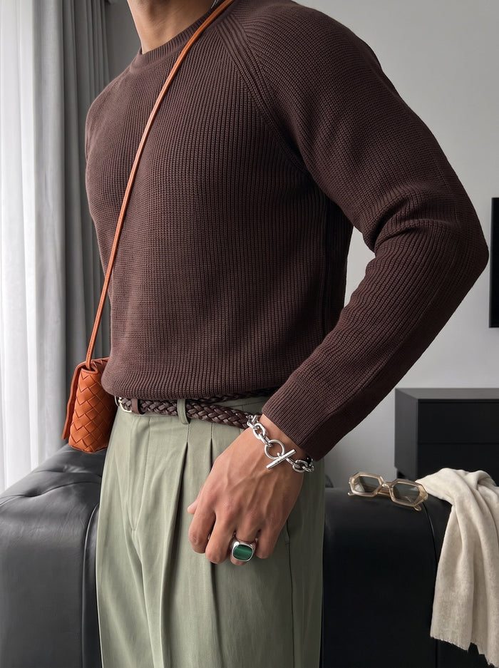 Slim Fit Tunn Stickad Tröja - Mörkbrun