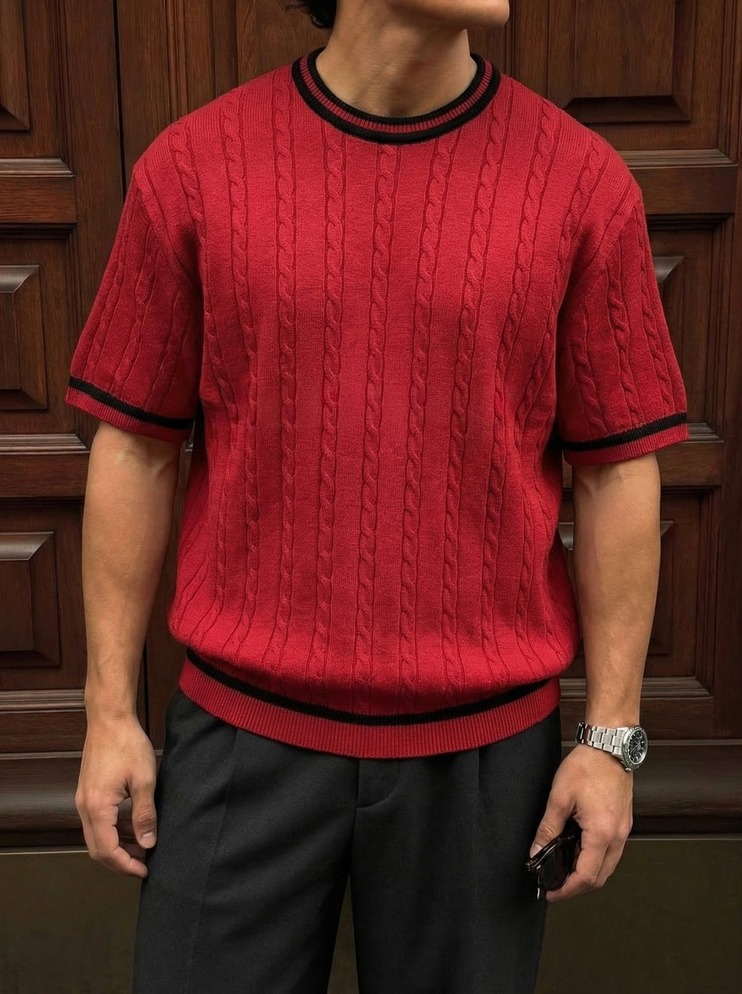 Regular Fit Braid Knit T-shirt - Bordeaux
