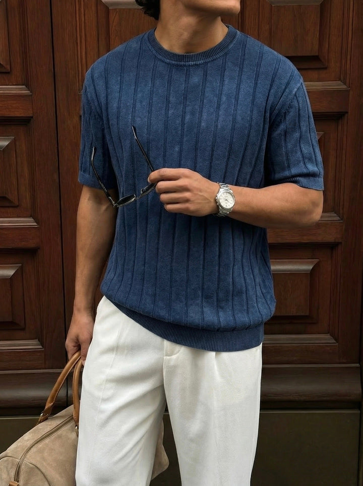 Slim Fit Tvättade Linjer Stickad T-Shirt - Blå