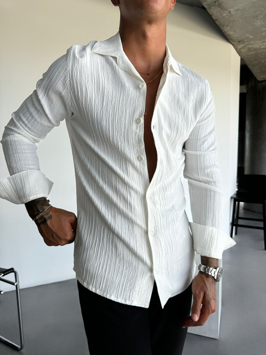 Regular Fit Plisserad Skjorta - Ecru