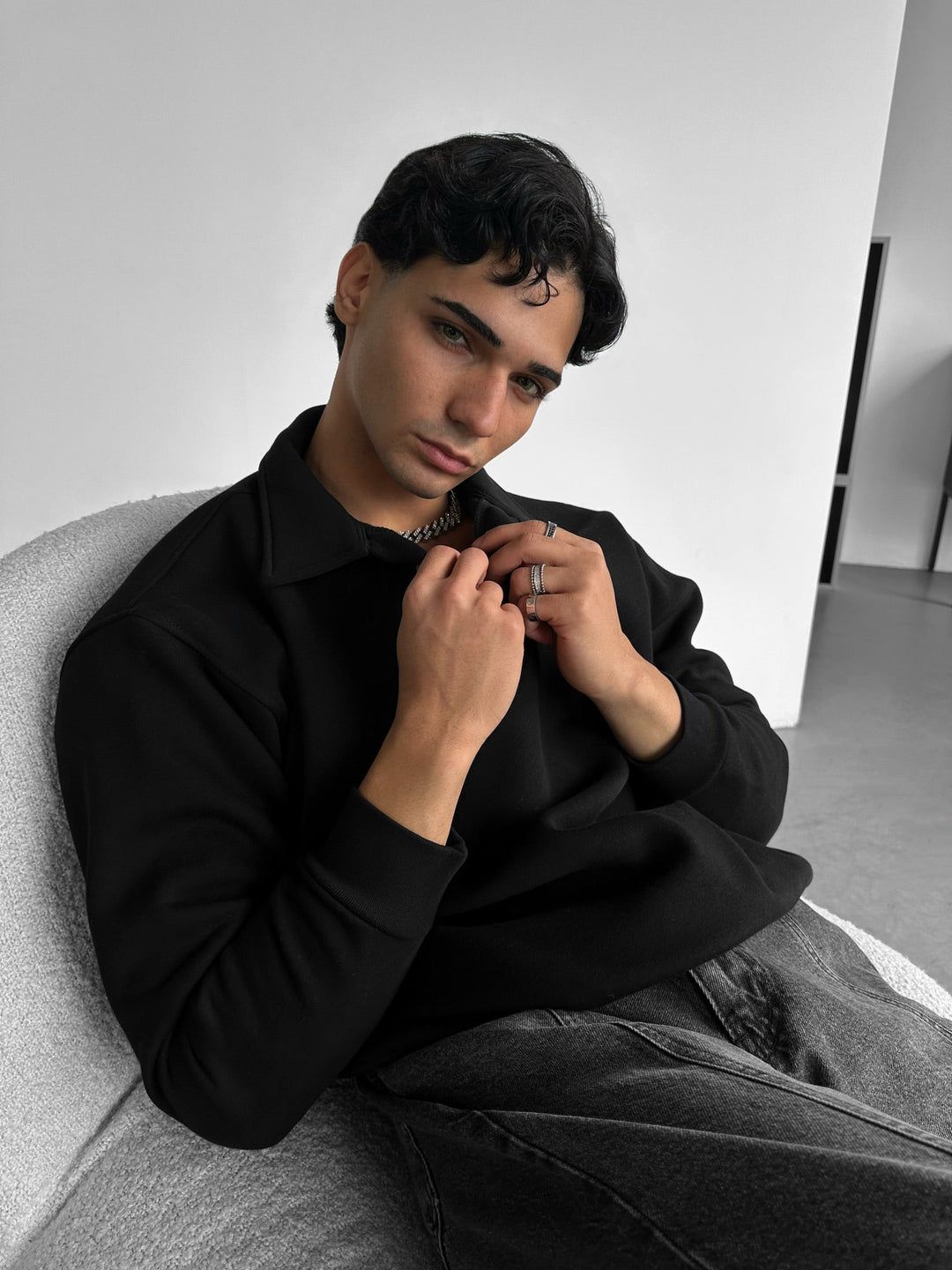 Oversize Basic Polo Sweatshirt - Svart