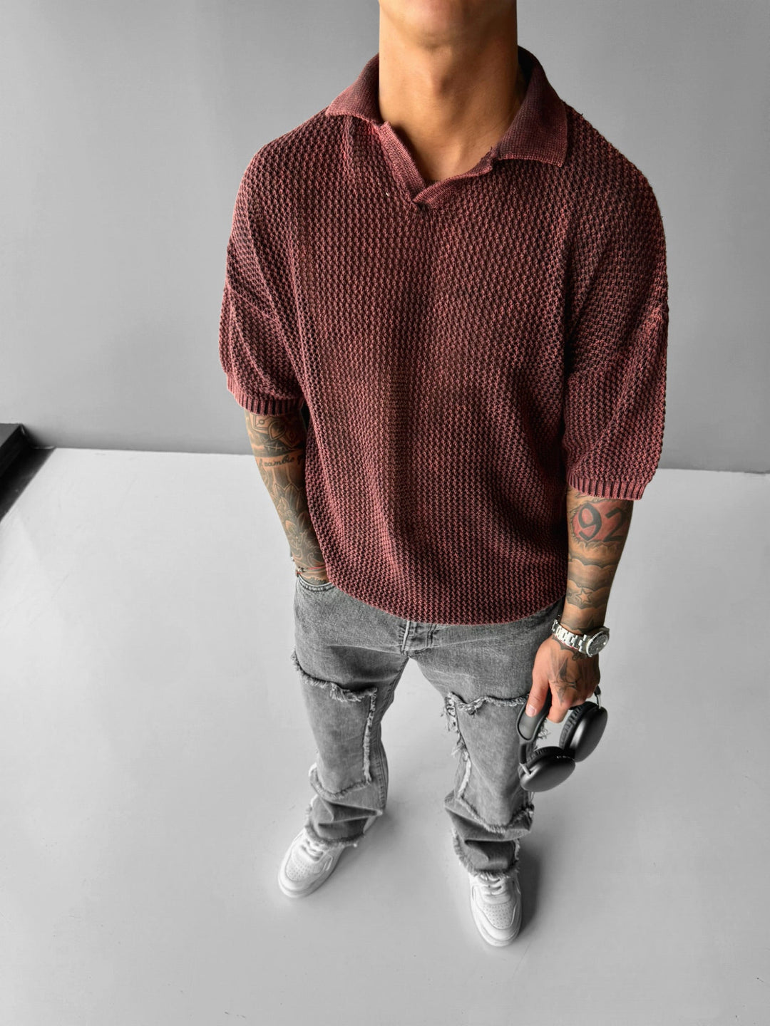 Regular Fit Knit Grid T-shirt - Plommon Perfekt
