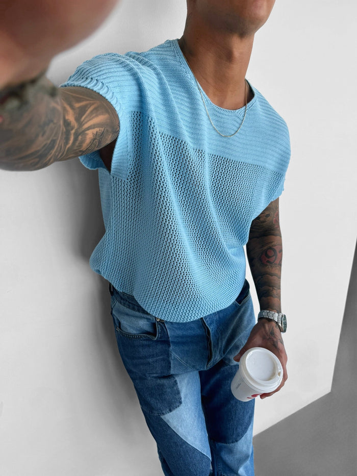 Oversize Texturerad Stickad T-shirt - Babyblå