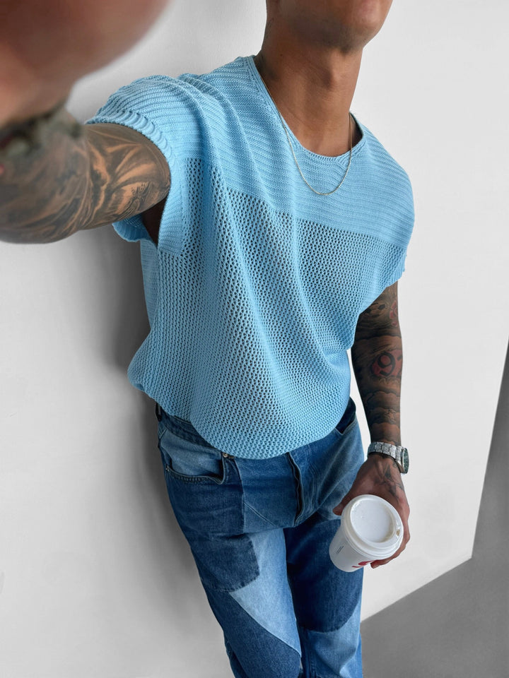 Oversize Texturerad Stickad T-shirt - Babyblå