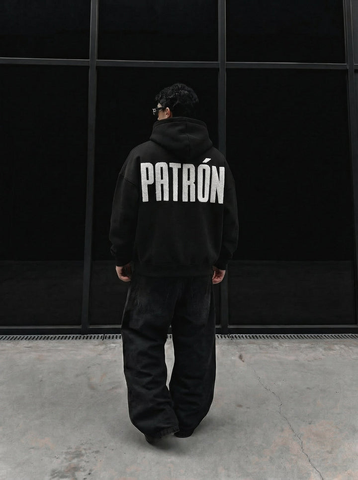Oversize Detaljerad Patron Hoodie - Svart och Vit