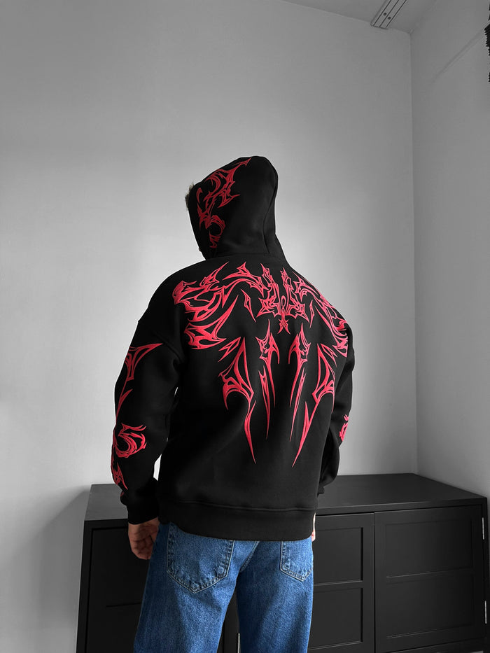 Oversize Mafia Tribal Hoodie - Svart och Röd
