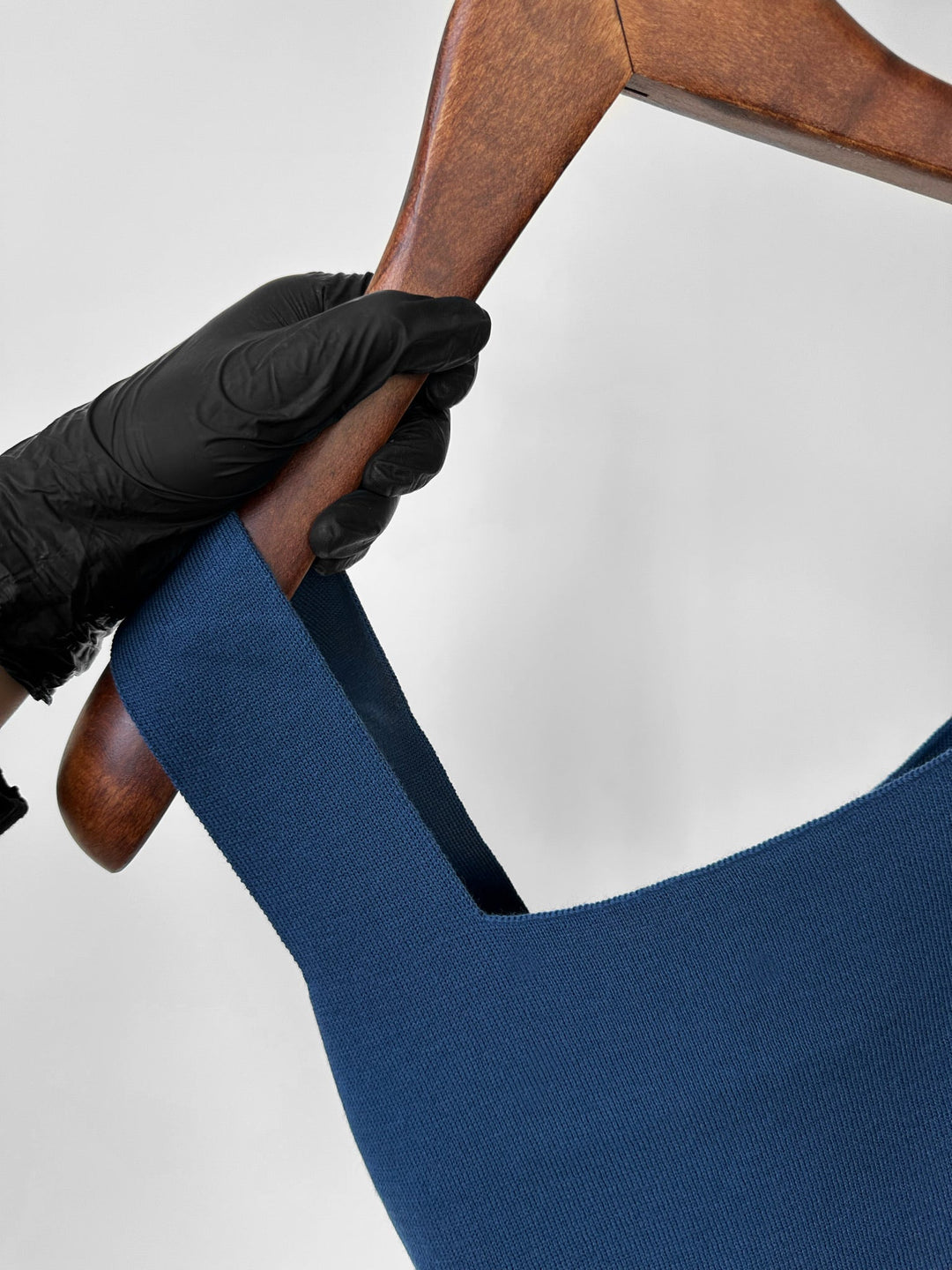 Rutig Hals Stickad Topp - Indigo