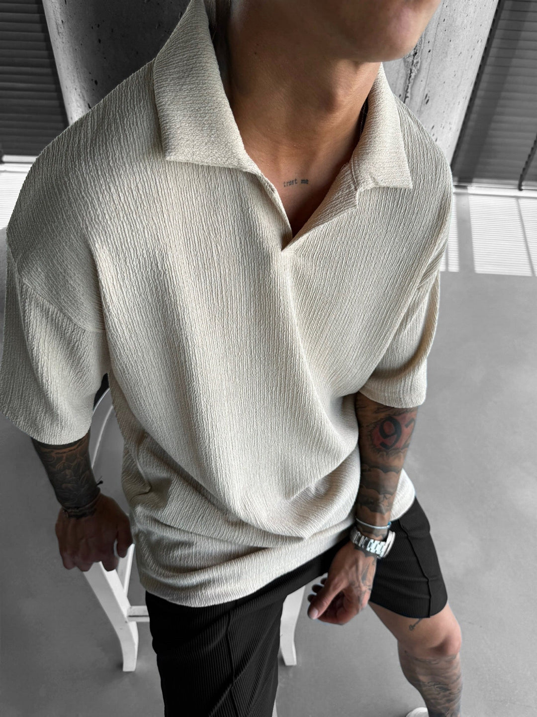 Oversize Crepe Polo T-shirt - Beige