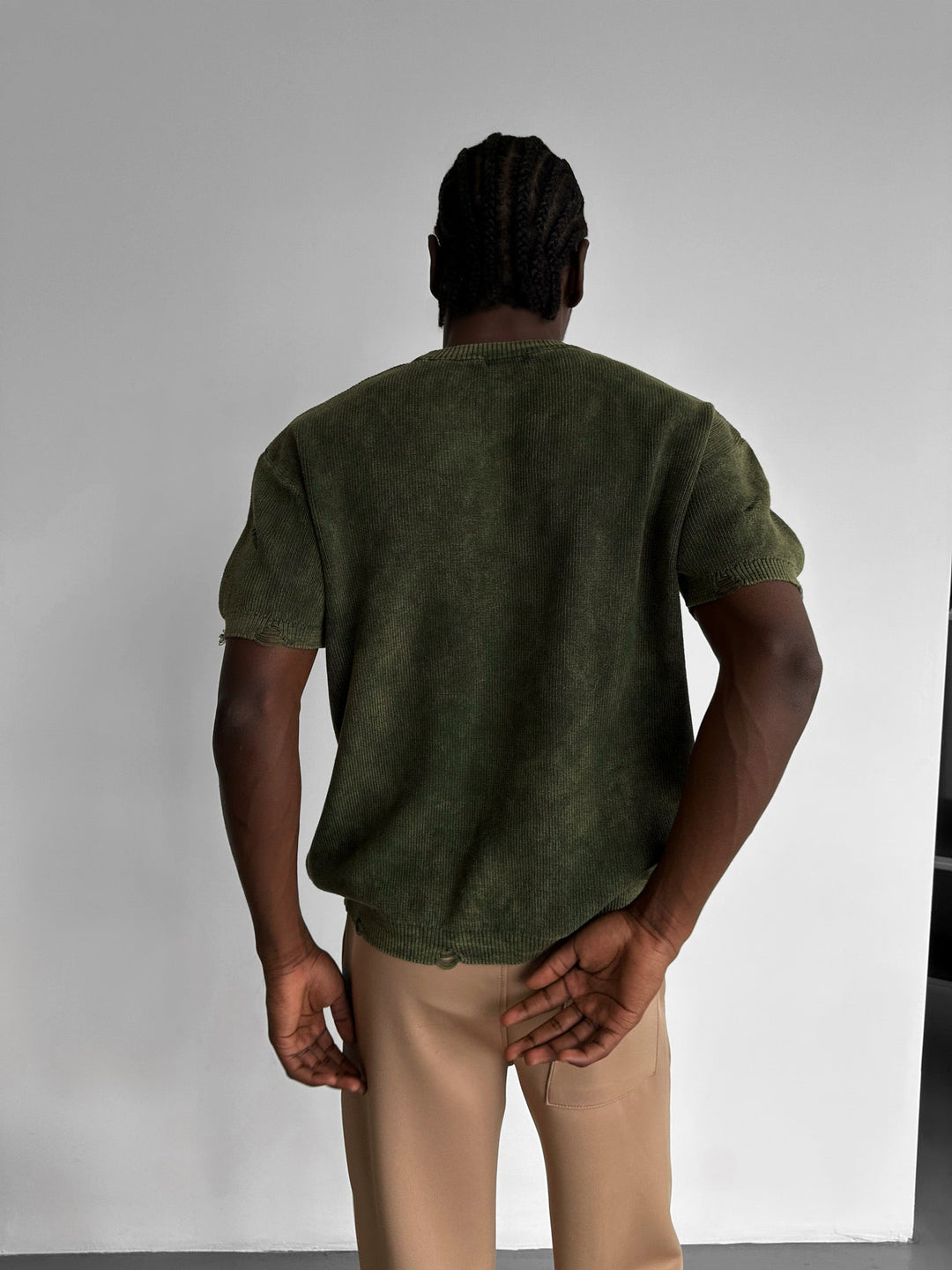 Oversize Stickad Torn T-shirt - Khaki