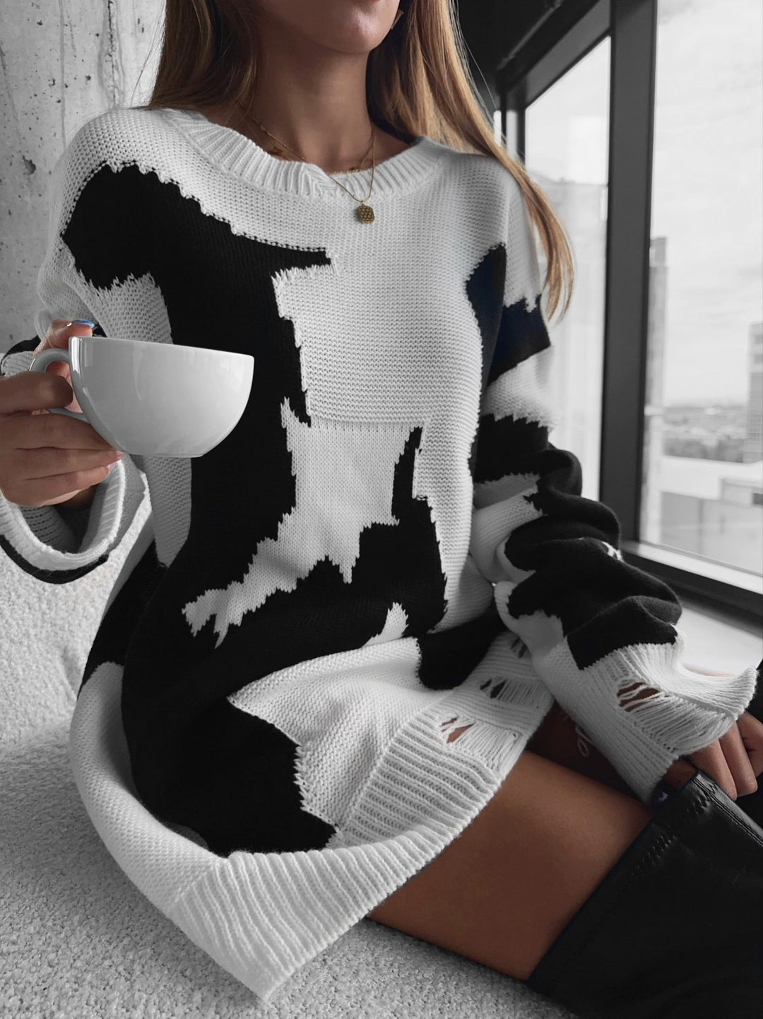 Oversize Ko Knitted Tröja - Vit