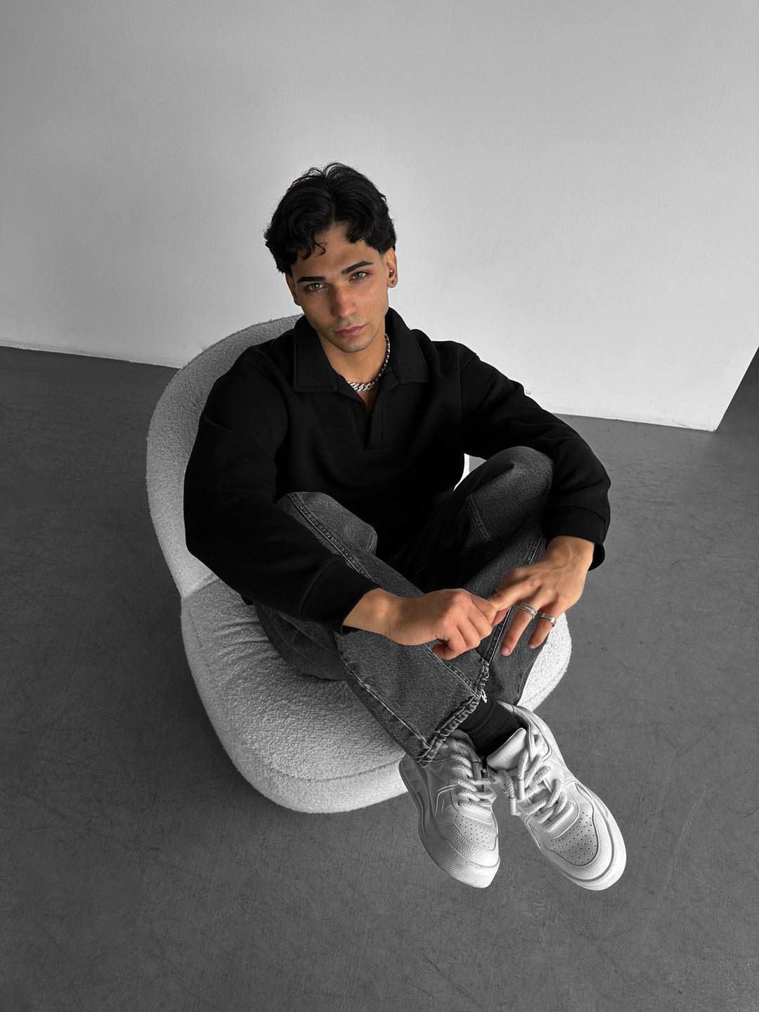 Oversize Basic Polo Sweatshirt - Svart