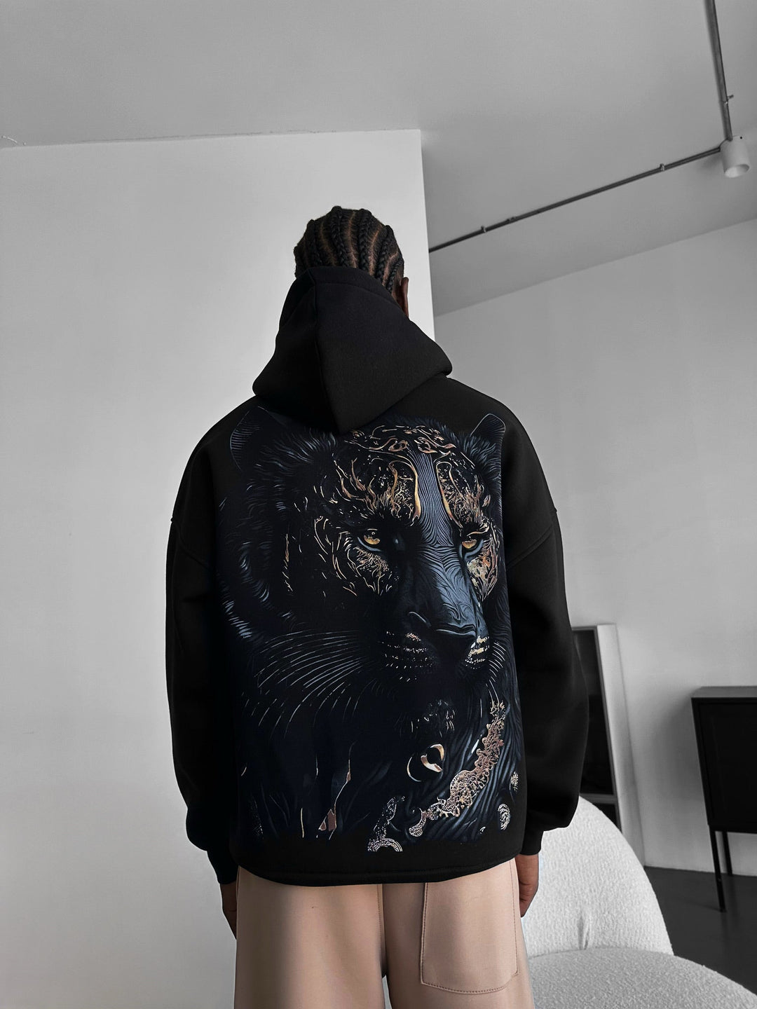 Oversize Detaljerad Lejon Hoodie - Svart