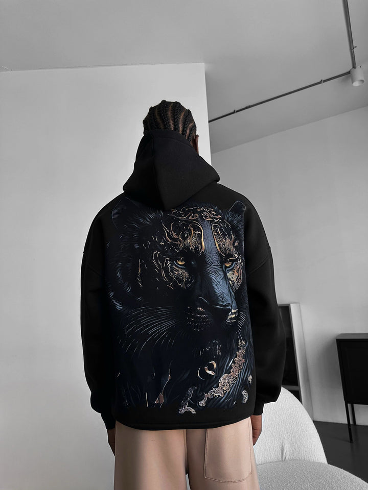 Oversize Detaljerad Lejon Hoodie - Svart