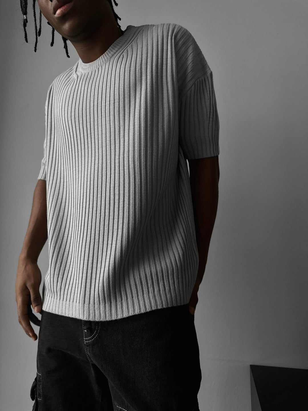 Lös Passform Ribbad T-shirt - Grå