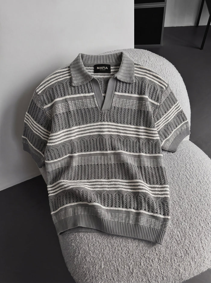 Lös passform mönstrad krage stickad T-shirt - Grå