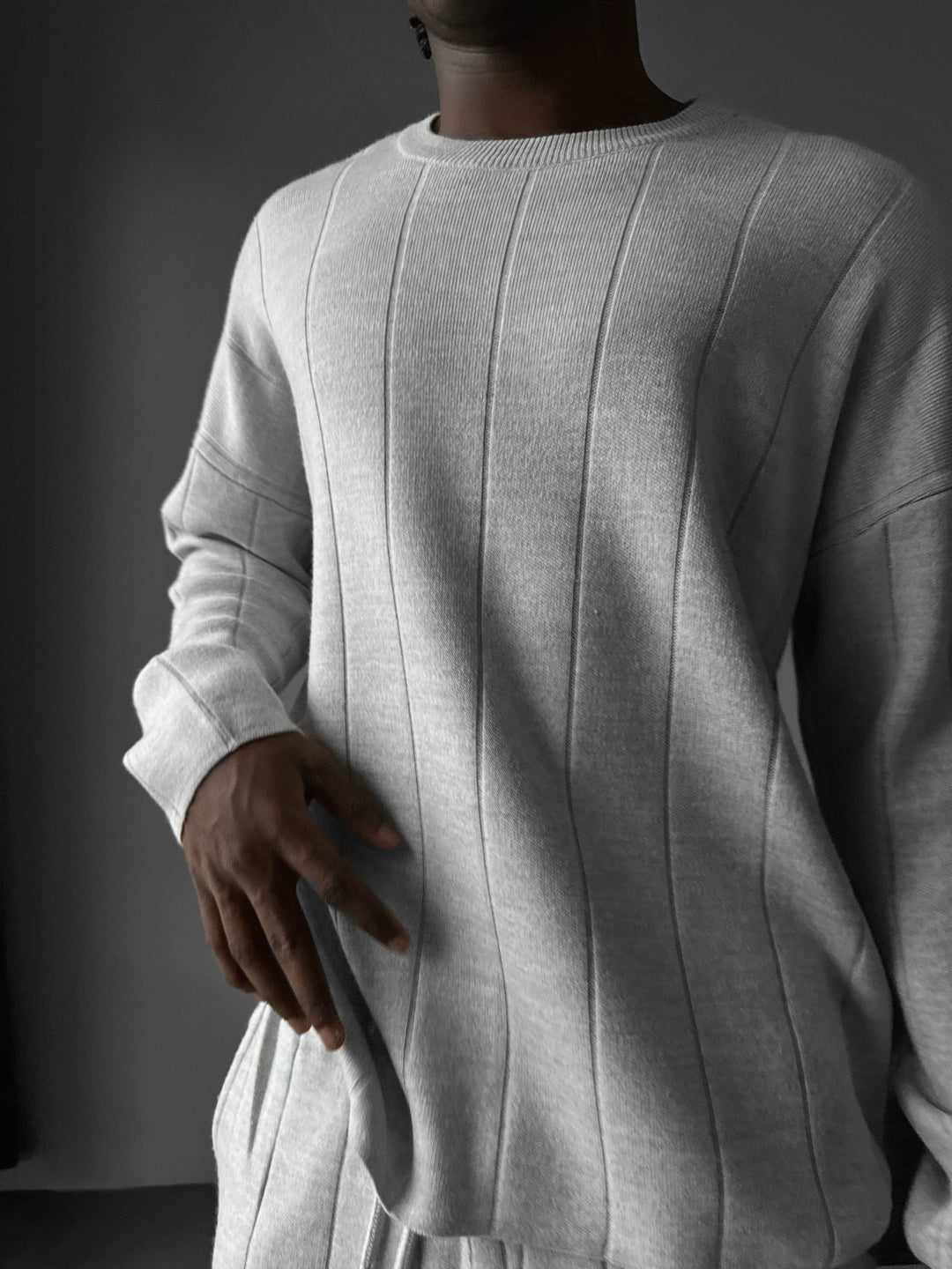 Oversize Linjer Stickad Sweatshirt - Ljus Grå