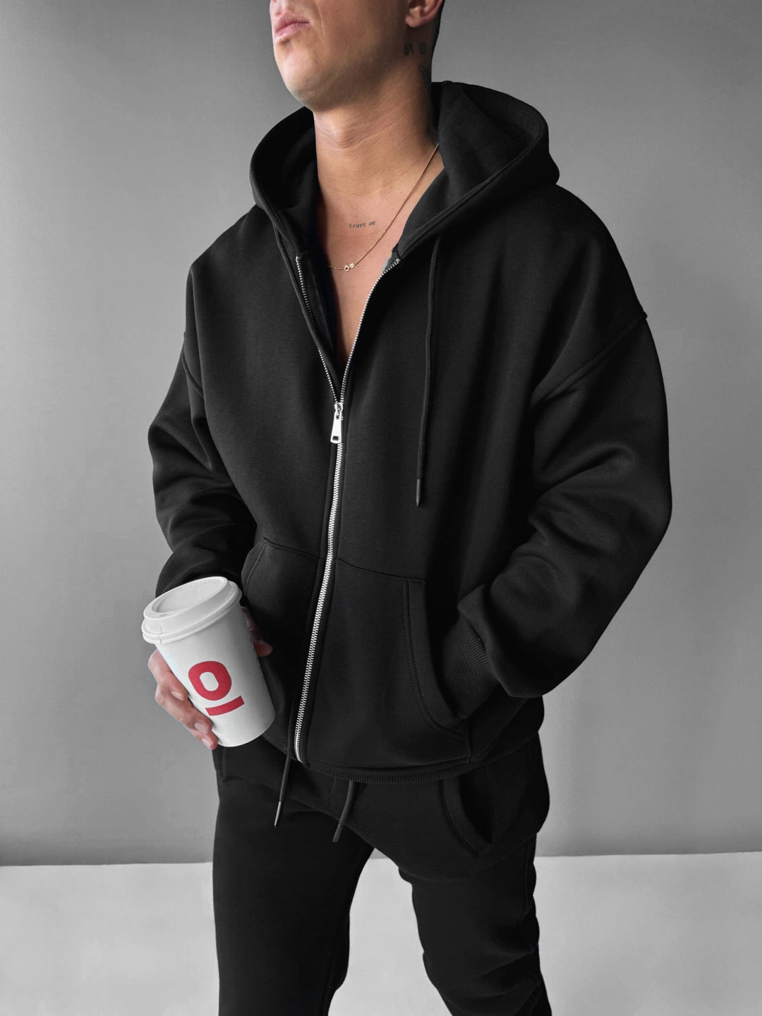 Oversize Basic Zip-Hoodie - Svart