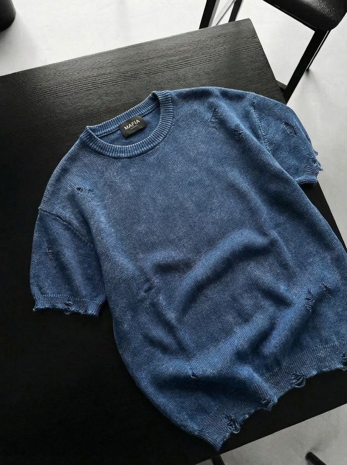 Oversize Stickad Trasig T-shirt - Blå