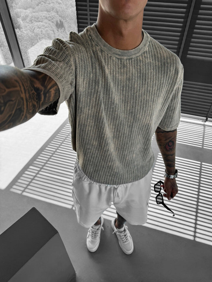 Oversize Stickad Tvättad T-shirt - Sten