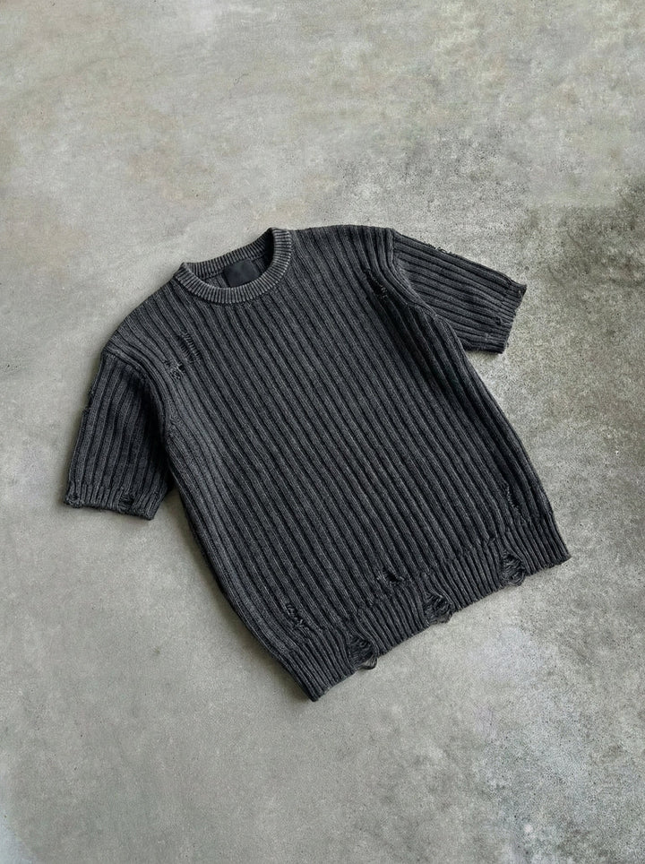 Oversize Torn Tvättad Stickad T-shirt - Svart