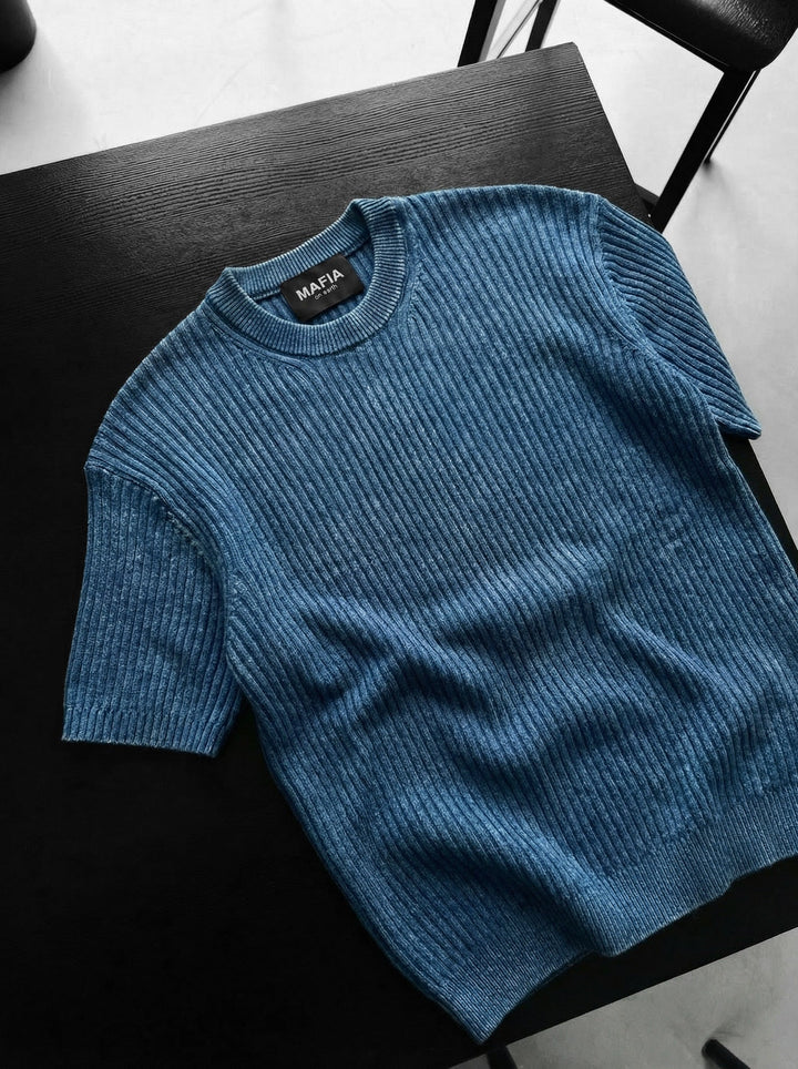 Slim Fit Tvättad Tunn Linjer Stickad T-Shirt - Blå