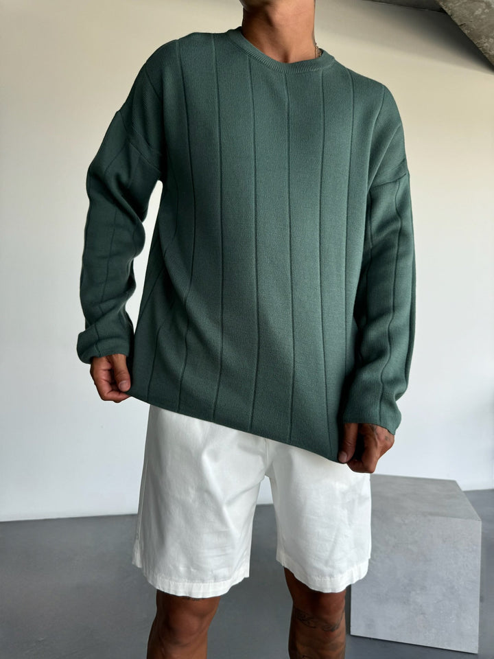 Oversize Lines Stickad Sweatshirt - Petrol