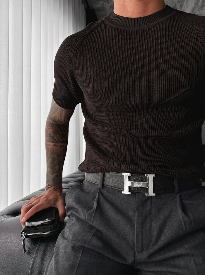 Slim Fit Stickad T-shirt - Mörk Brun