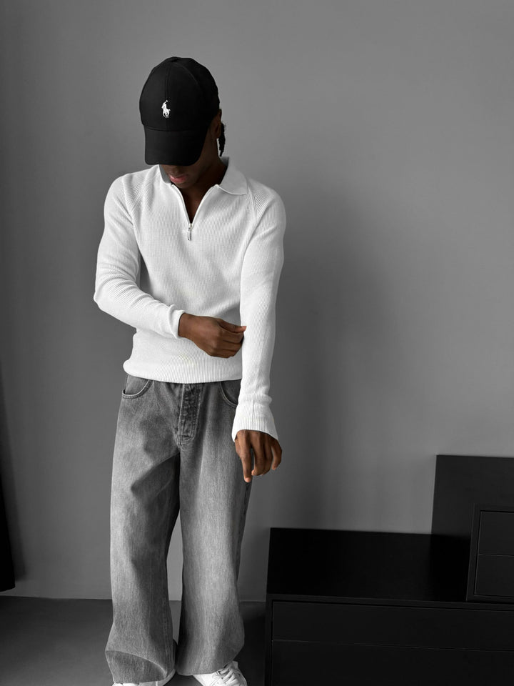 Slim Fit Knit Zipper Polo Sweater - Ecru