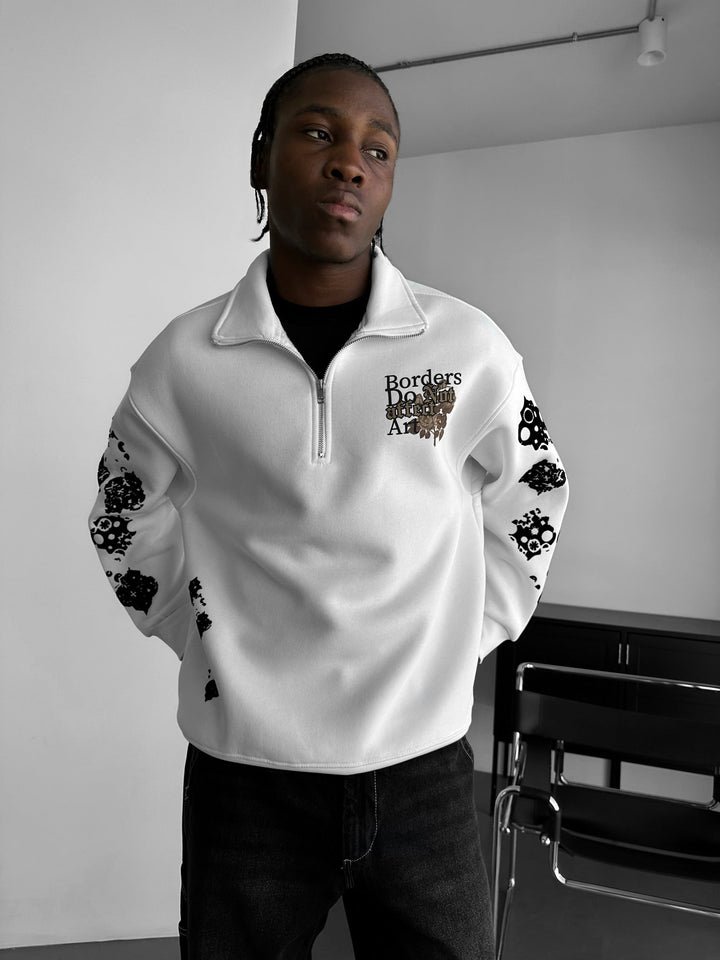 Oversize Halv-Zip Grafisk Sweatshirt - Ecru