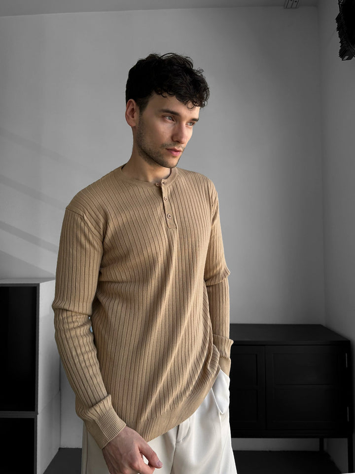 Slim Fit Knappstickad Tröja - Beige