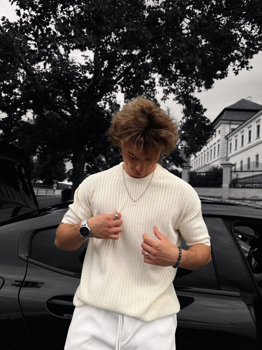 Lös Passform Ribbad Stickad T-Shirt - Cremé