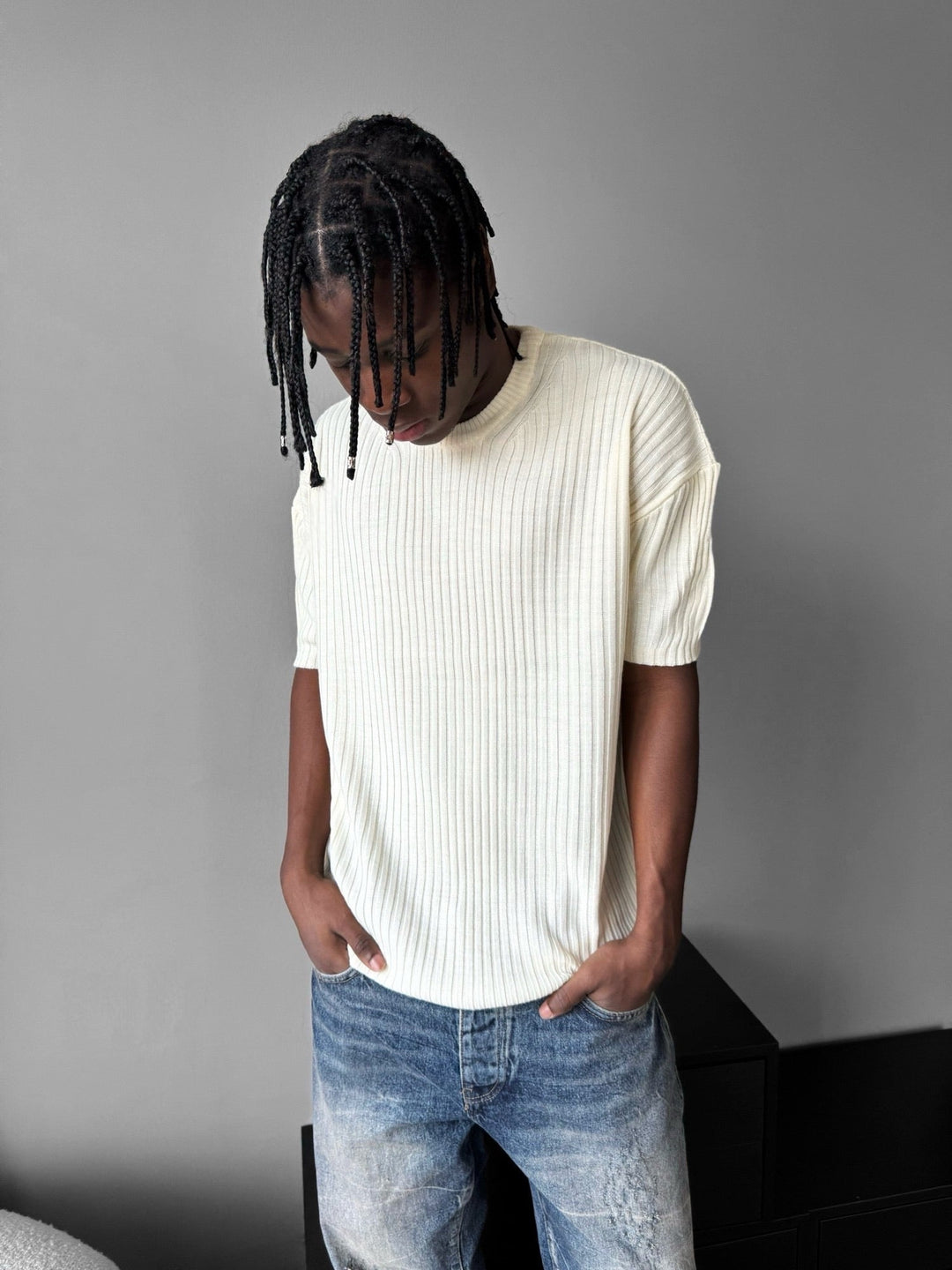 Lös Passform Ribbad Stickad T-Shirt - Cremé