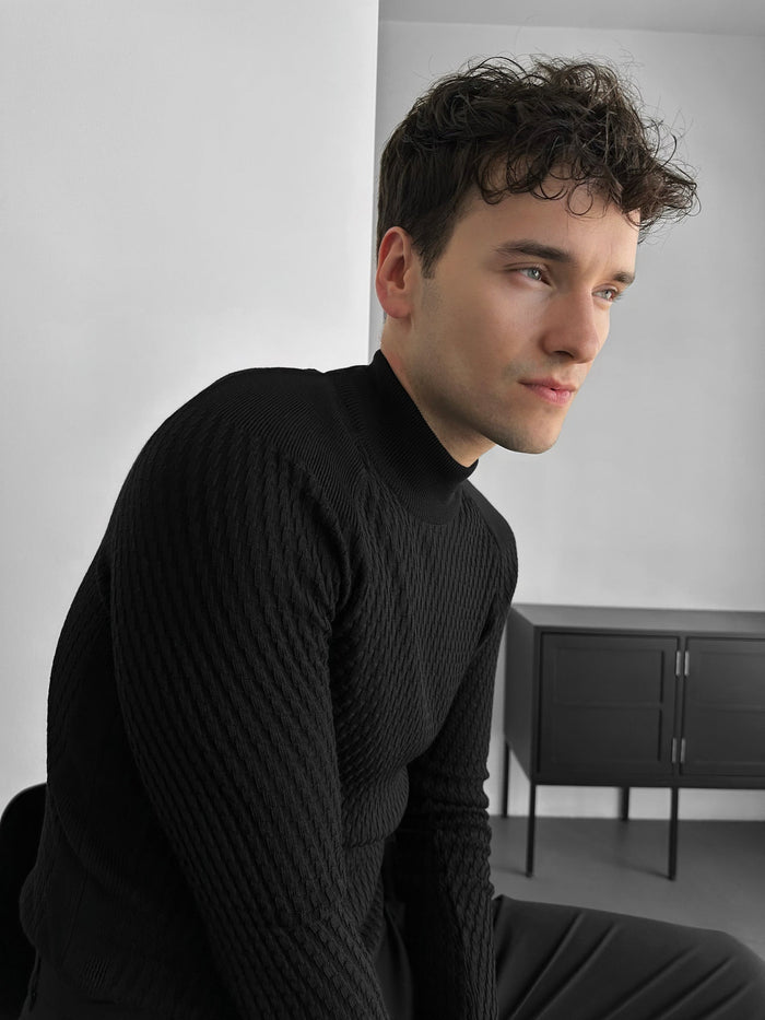 Slim Fit Mock Neck Stickad Tröja - Svart