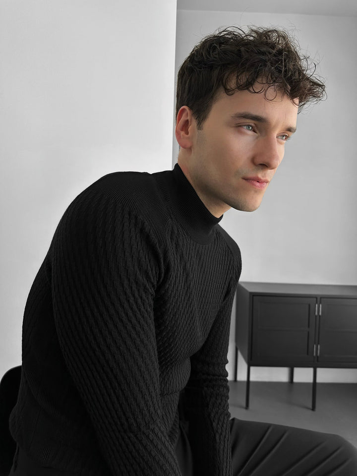 Slim Fit Mock Neck Stickad Tröja - Svart