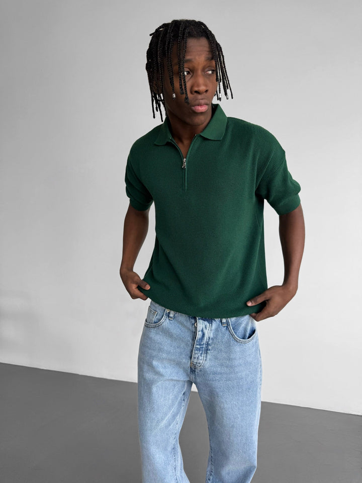 Överdimensionerad Dragkedja Stickad Polo T-shirt - Smaragd