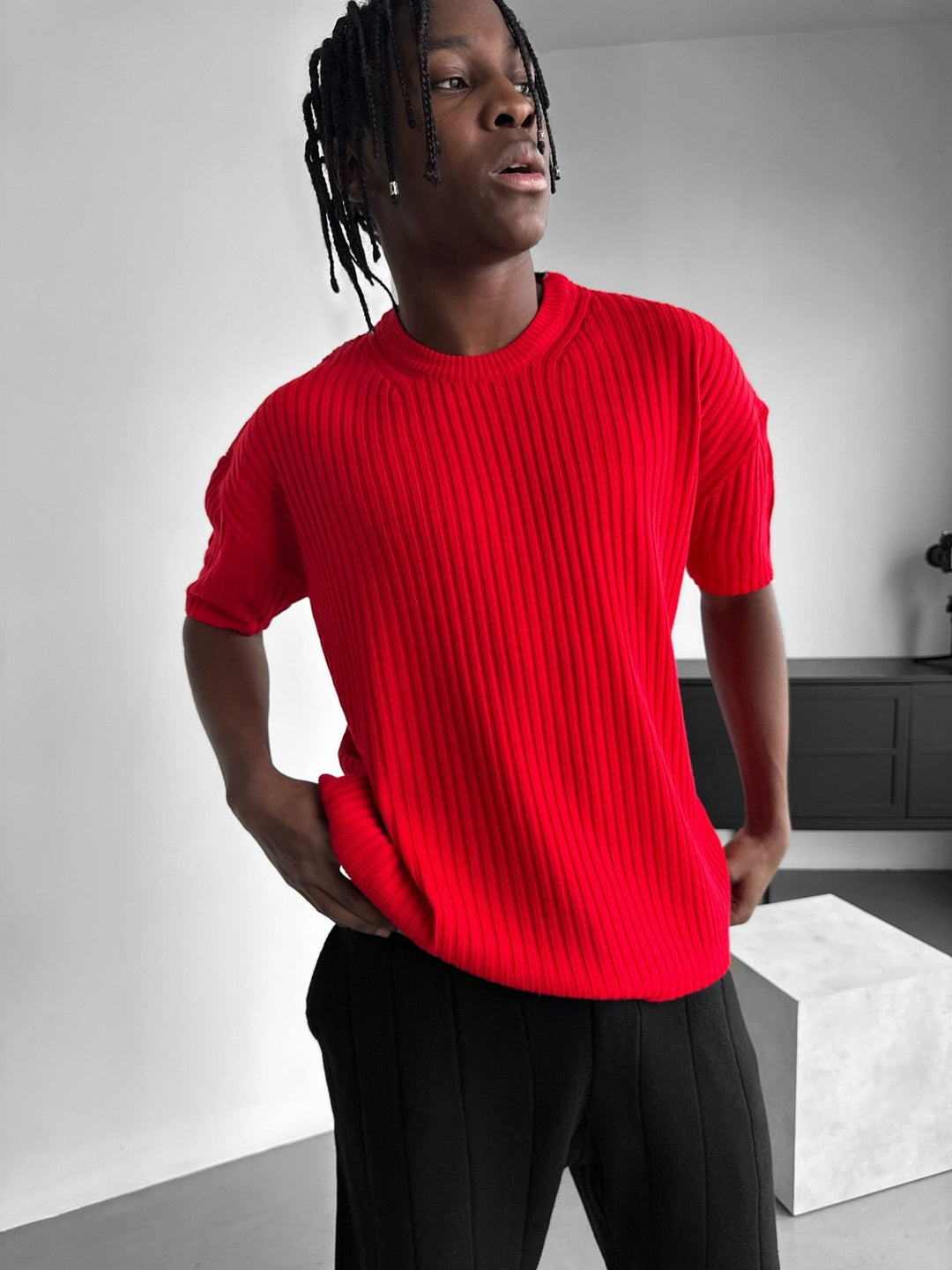 Lös Passform Ribbad T-Shirt - Röd