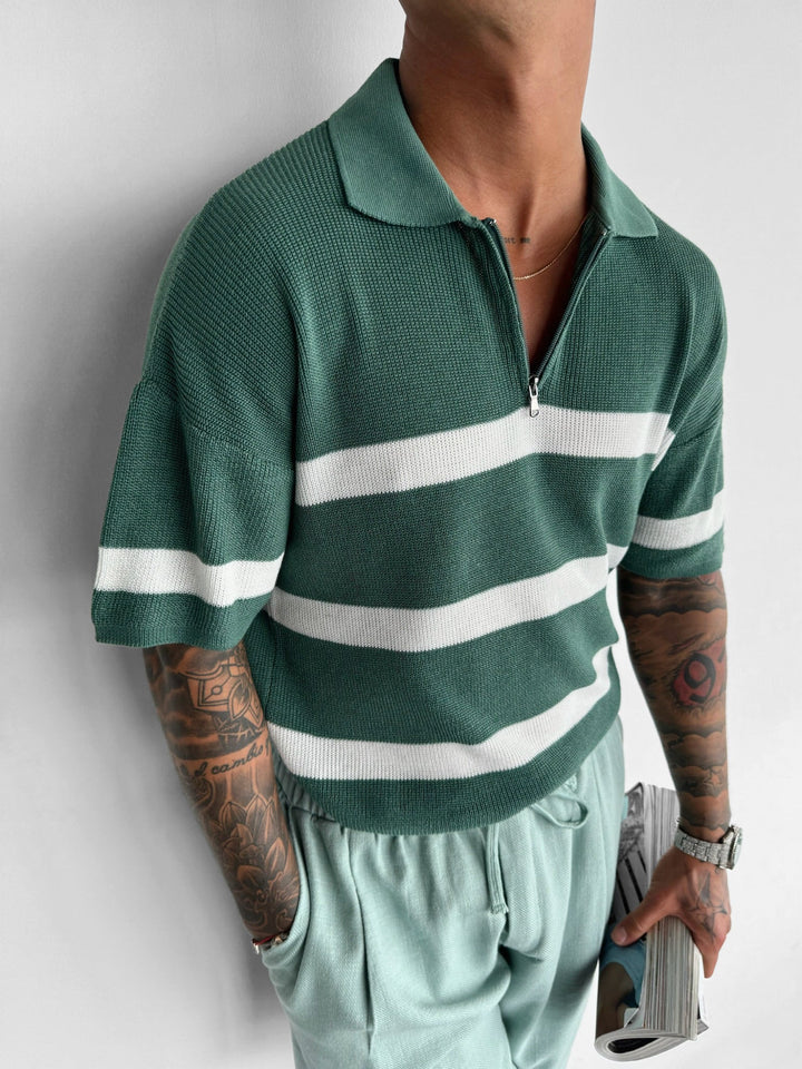 Regelbunden Stickad Dragkedja T-shirt - Petrol