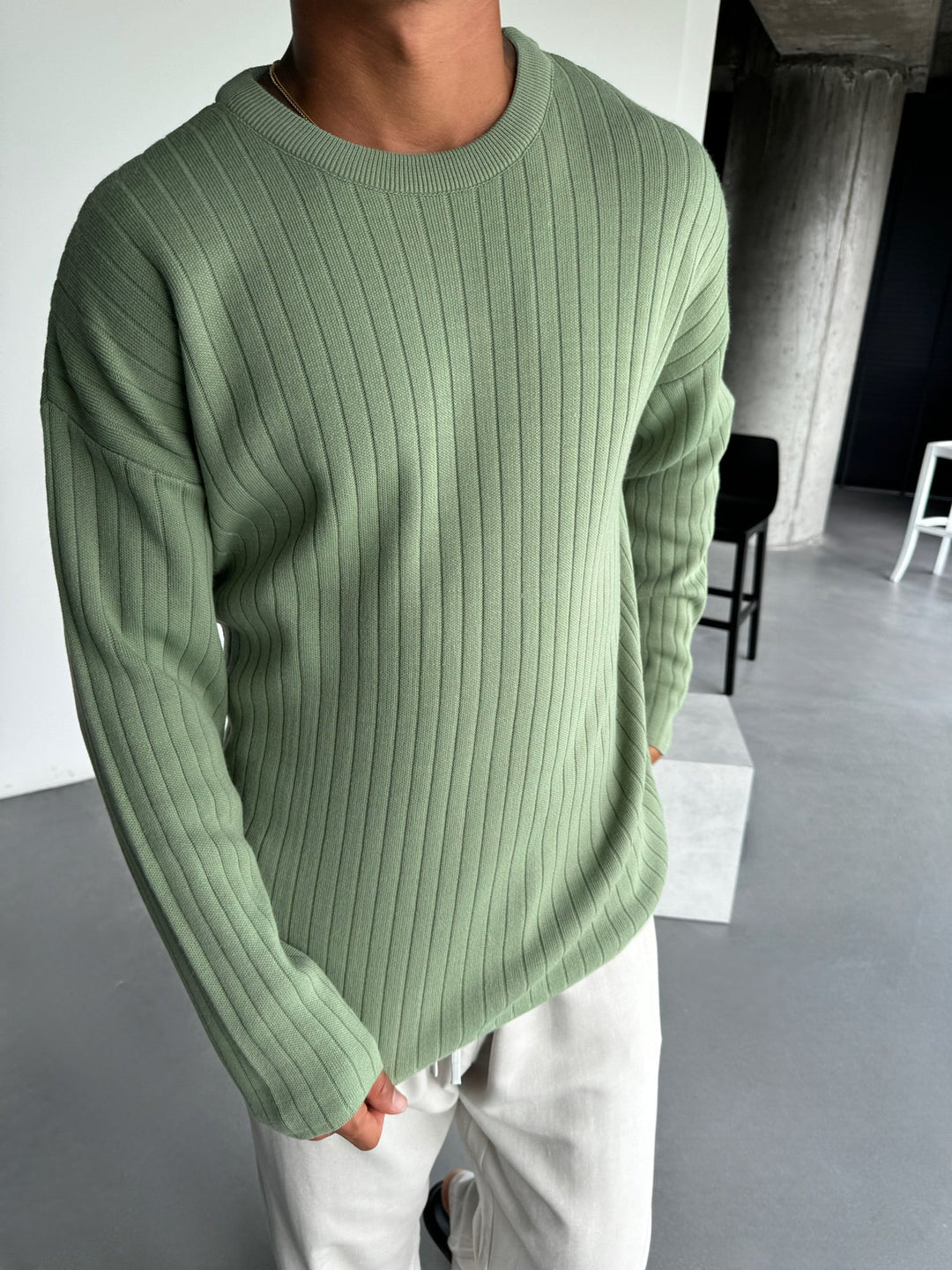 Överdimensionerad Bred Ribbad Långärmad Stickad Sweatshirt - Gräs
