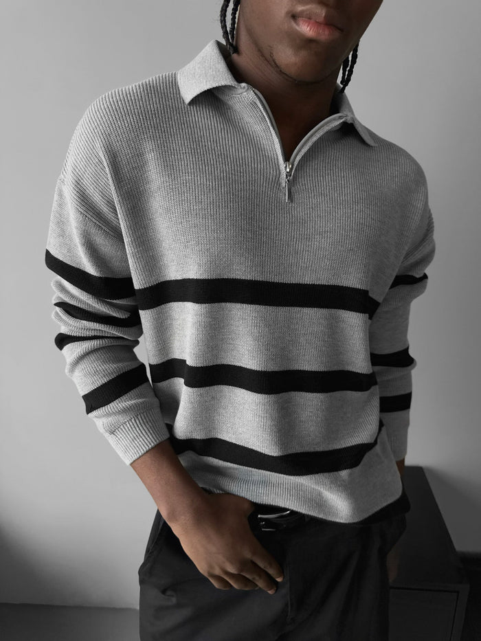 Oversize Stickad Crop Polo Tröja - Grå