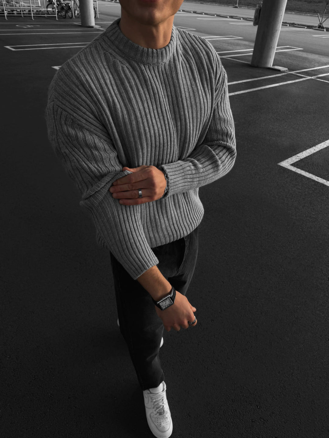 Lös Passform Randig Struktur Pullover - Grå