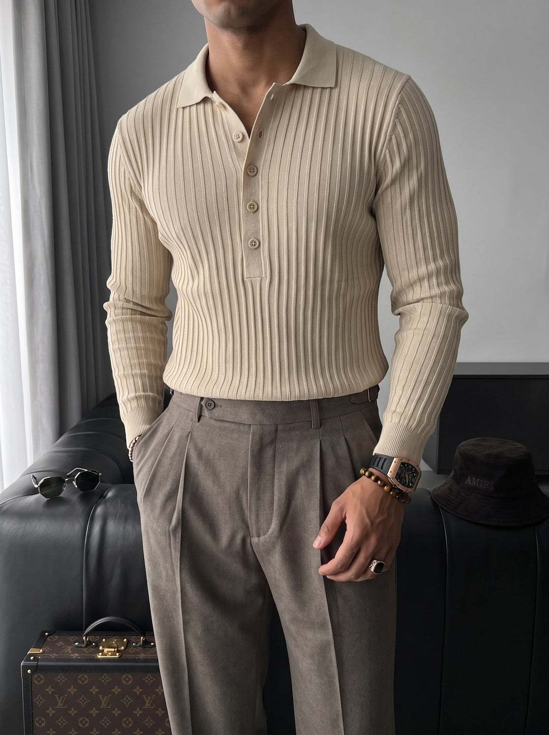 Slim Fit Polo Stickad Tröja - Beige