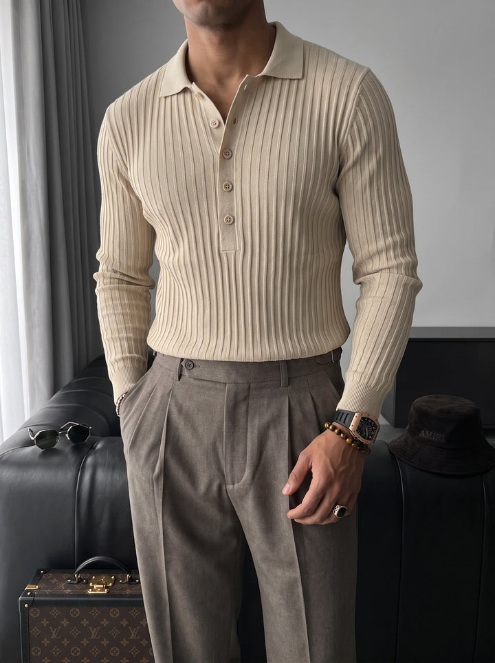 Slim Fit Polo Stickad Tröja - Beige