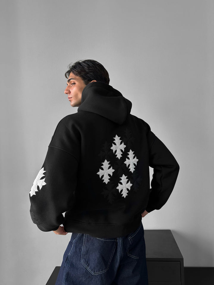 Oversized Gotisk Kors Hoodie - Svart