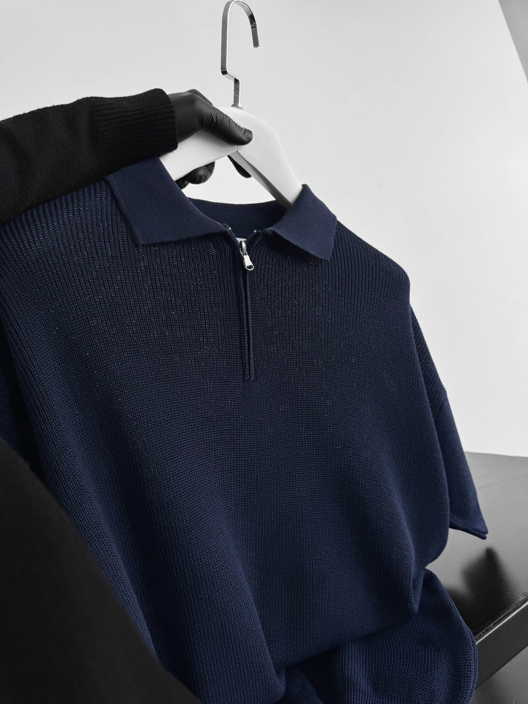 Oversize Dragkedja Stickad Polo T-shirt - Mörkblå