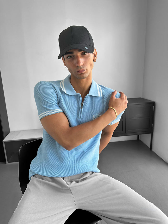 Slim Fit Halvdraget Broderat Polotröja - Babyblå