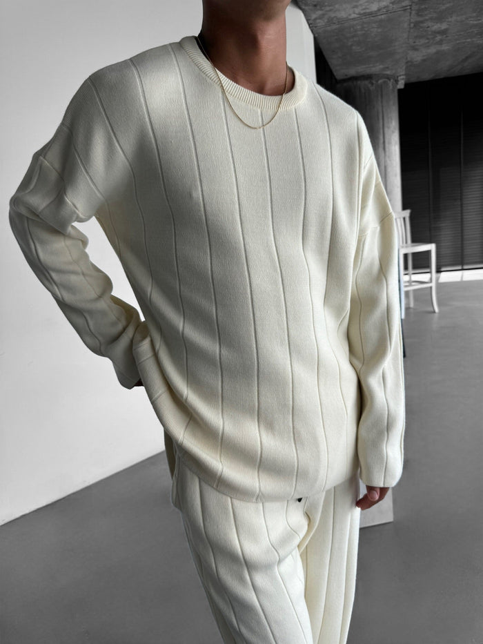 Oversize Lines Stickad Sweatshirt - Cremé