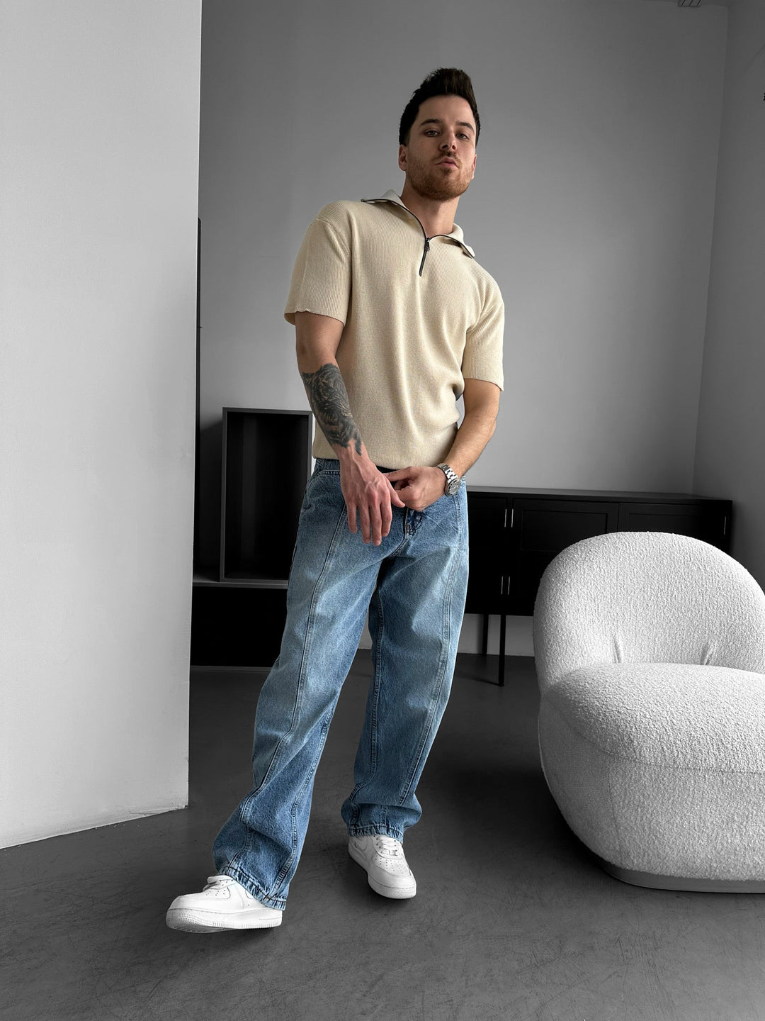 Oversize Zip Neck Stickad T-shirt - Beige