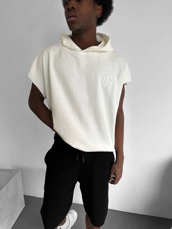 Lös Passform Ärmless Hoodie - Ecru