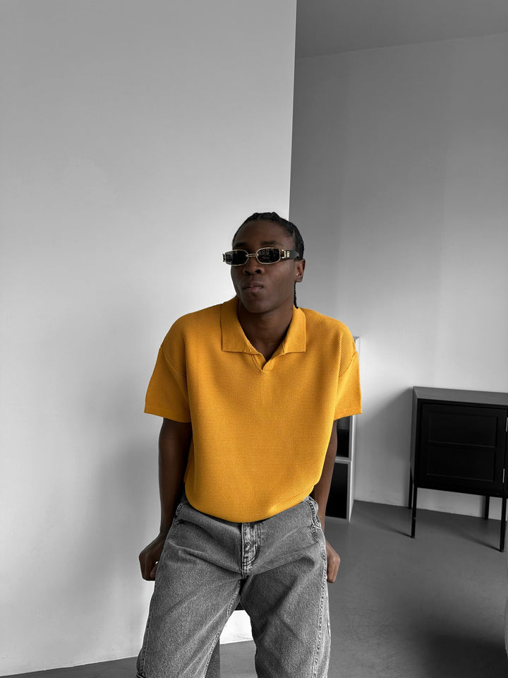 Oversize Krage Ribbad Stickad T-Shirt - Saffran