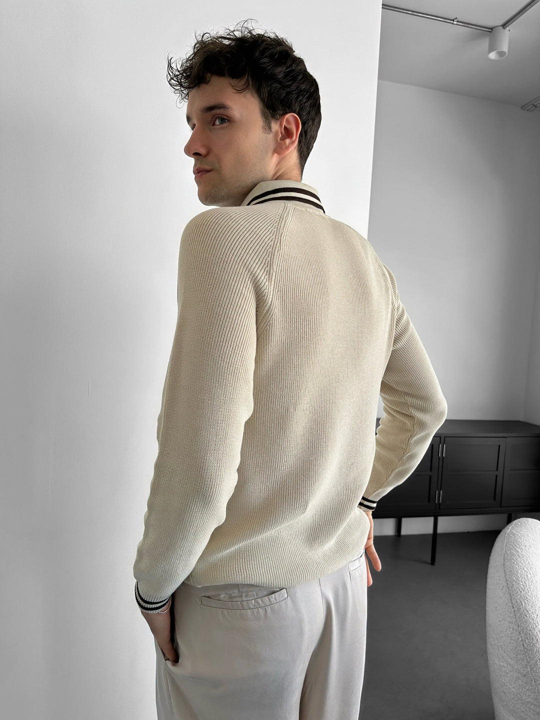Slim Fit Halvdraget Broderat Polo Tröja - Beige